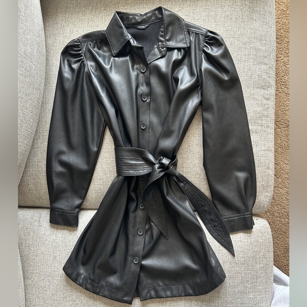 Aqua Black Faux Leather Button-Up Dress